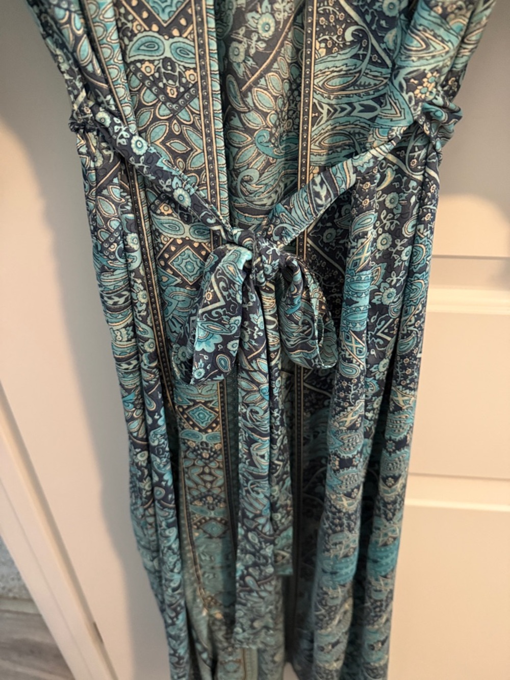 Light Teal Printed Kimono Robe with Self Tie -All Size - Picture 3 of 5
